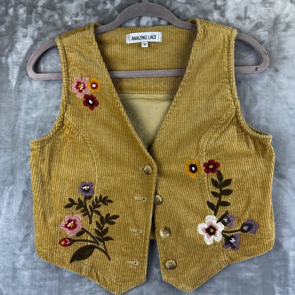 Amazing Lace Vest Womens Small Yellow Corduroy Floral Embroidered Boho (1669)